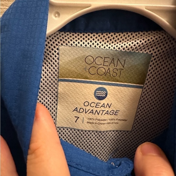 Ocean + Coast Boys Fishing Button Shirt Blue Ship Boat Size 7 - Picture 2 of 5